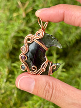 Load image into Gallery viewer, Purple opalite with amethyst + strawberry quartz + smoked Ethiopian opal gem accents wire wrapped crescent moon pendant necklace