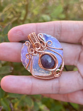 Load image into Gallery viewer, Opalite moon with star sapphire gem accent wire wrapped pendant necklace