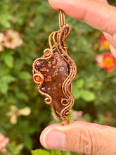 Load image into Gallery viewer, Artisan cab (positive rocks) red river jasper with garnet + carnelian gem accents wire wrapped pendant necklace