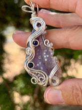 Load image into Gallery viewer, Artisan cab (positive rock) half polished grape agate with lapis lazuli + pearl gem accents wire wrapped pendant necklace