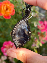 Load image into Gallery viewer, Artisan cab (adit stones) smoky plume agate with pyrite + onyx gem accents wire wrapped pendant necklace