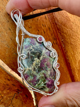 Load image into Gallery viewer, Reserved for Bethany s Ruby in fuchsite with gem inclusions Wire Wrapped Pendent Necklace