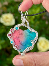 Load image into Gallery viewer, ARTISAN STONE (Ibrahim Opic) rainbow solar agate (dyed color) with turquoise + raspberry jade gem accents wire wrapped pendant necklace