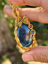Load image into Gallery viewer, Ruby in kyanite with sapphire + Ruby gem accent wire wrapped pendant necklace