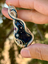 Load image into Gallery viewer, Leland obsidian with purple & green fluorite + aquamarine gem accents wire wrapped pendant necklace