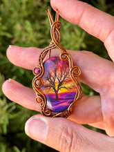 Load image into Gallery viewer, Artisan cab (johari gems) Sunset Tree of life Resin Cab with ruby, goldstone, carnelian gem accents wire wrapped pendant necklace