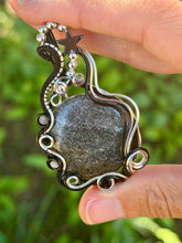 Load image into Gallery viewer, Black sunstone with hematite star, grey moonstone, onyx gem accents wire wrapped pendant necklace