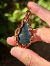Load image into Gallery viewer, Blue tiger eye with sapphire + hematite gem accents wire wrapped pendant necklace