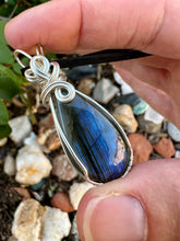 Load image into Gallery viewer, Reserved for Jennifer p Blue Flash Labradorite Wire Wrapped Pendent Necklace