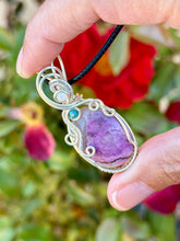 Load image into Gallery viewer, Pink cobalt calcite with moonstone + turquoise  gem accent wire wrapped pendant necklace