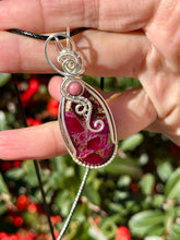 Load image into Gallery viewer, Pink Mosaic Agate with Rhodonite gem accents wire wrapped pendant necklace