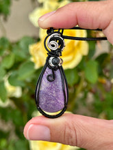 Load image into Gallery viewer, Stichtite with Larvikite gem accent wire wrapped pendant necklace