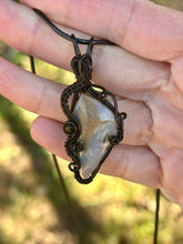 Load image into Gallery viewer, Tiger dendritic agate with golden obsidian gem accents wire wrapped pendant necklace