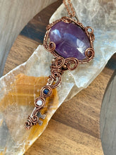 Load image into Gallery viewer, Reserved for Meredith T Trapiche amethyst with lapis lazuli + moonstone inclusions key Wire wrapped pendant