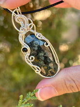 Load image into Gallery viewer, Crinoid fossil with black tourmaline gem accent wire wrapped pendant necklace