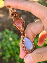 Load image into Gallery viewer, Sunstone + grey moonstone double decker wire wrapped pendant necklace