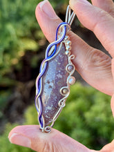 Load image into Gallery viewer, Artisan cab (positive rocks) grape agate with purple mookaite + pearl gem accents wire wrapped pendant necklace