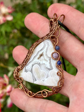 Load image into Gallery viewer, Reserved for Ann C White Tube Agate (cab by positive rocks) with sodalite + lepidolite inclusions wire wrapped talisman pendant necklace