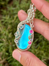 Load image into Gallery viewer, Angel aura quartz with pink agate + sea sediment jasper gem accents wire wrapped pendant necklace