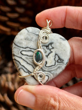 Load image into Gallery viewer, Black and white (dyed) crazy lace agate heart with smoked Ethiopian opal gem accent wire wrapped pendant necklace