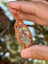 Load image into Gallery viewer, Sea sediment jasper with pearl gem accent wire wrapped pendant necklace