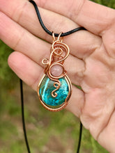 Load image into Gallery viewer, Chrysocolla/Shattuckite with Rose quartz gem accents wire wrapped pendant necklace