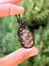 Load image into Gallery viewer, Flower obsidian with pyrite gem accent wire wrapped pendant necklace