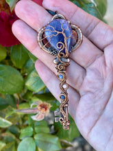 Load image into Gallery viewer, Lepidolite tree of life with sodalite + Rhodonite gem accents wire wrapped skeleton key pendent