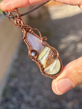 Load image into Gallery viewer, Blue common opal with purple agate with sapphire gem accents wire wrapped pendant necklace