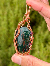 Load image into Gallery viewer, Faceted Bloodstone with garnet + amethyst + hematite gem accents wire wrapped pendant necklace