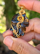 Load image into Gallery viewer, Tiger eye leaf with citrine gem accent wire wrapped pendant necklace