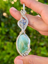 Load image into Gallery viewer, Hemimorphite with grape agate double stone wire wrapped pendant necklace