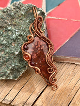 Load image into Gallery viewer, Artisan cab (positive rocks) red river jasper with garnet + carnelian gem accents wire wrapped pendant necklace