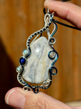Load image into Gallery viewer, Reserved for Amy f DUO TONED WIRE blue scheelite with blue apatite + lapis lazuli inclusions Wire wrapped pendant