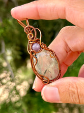 Load image into Gallery viewer, Prehnite with epidote with lilac quartz gem accent wire wrapped pendant necklace