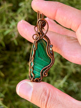 Load image into Gallery viewer, Artisan cab (johari gems) Malachite with obsidian + prehnite gem accents wire wrapped pendant necklace