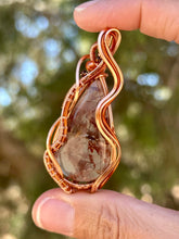 Load image into Gallery viewer, Copper rutile quartz with hematite + carnelian gem accents wire wrapped pendant necklace