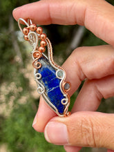 Load image into Gallery viewer, Lapis lazuli with blue kyanite + rutile quartz gem accent wire wrapped pendant necklace