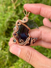 Load image into Gallery viewer, Purple opalite with amethyst + strawberry quartz + smoked Ethiopian opal gem accents wire wrapped crescent moon pendant necklace