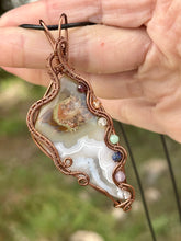 Load image into Gallery viewer, Artisan cab (positive rocks) Indonesian Moss agate with White tube agate + chakra gem accents wire wrapped pendant necklace