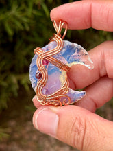 Load image into Gallery viewer, Opalite moon with raspberry jade, garnet, amethyst gem accents wire wrapped pendant necklace