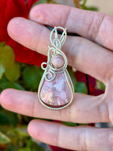 Load image into Gallery viewer, Rhodochrosite with sunstone gem accent wire wrapped pendant necklace