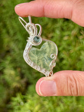 Load image into Gallery viewer, Prehnite with epidote with blue fluorite wire wrapped pendant necklace
