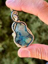 Load image into Gallery viewer, Artisan stone (positive rocks) blue crazy lace agate with aquamarine gem accent wire wrapped pendant necklace