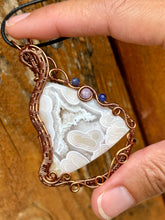 Load image into Gallery viewer, Reserved for Ann C White Tube Agate (cab by positive rocks) with sodalite + lepidolite inclusions wire wrapped talisman pendant necklace