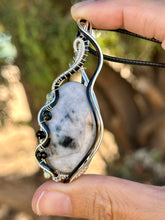 Load image into Gallery viewer, RESERVED FOR CASSANDRA H DUO TONED WIRE WHITE BUFFALO TURQUOISE with gem inclusions Wire wrapped pendent necklace