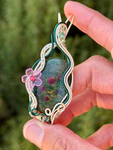 Load image into Gallery viewer, Ruby in fuchsite with raspberry jade + moss agate + peridot gem accents wire wrapped pendant necklace