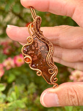 Load image into Gallery viewer, Artisan cab (positive rocks) red river jasper with garnet + carnelian gem accents wire wrapped pendant necklace