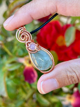 Load image into Gallery viewer, Aquamarine with rose quartz gem accent wire wrapped pendant necklace