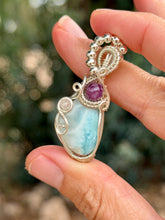Load image into Gallery viewer, Larimar with lepidolite + rose quartz gem accent wire wrapped pendant necklace